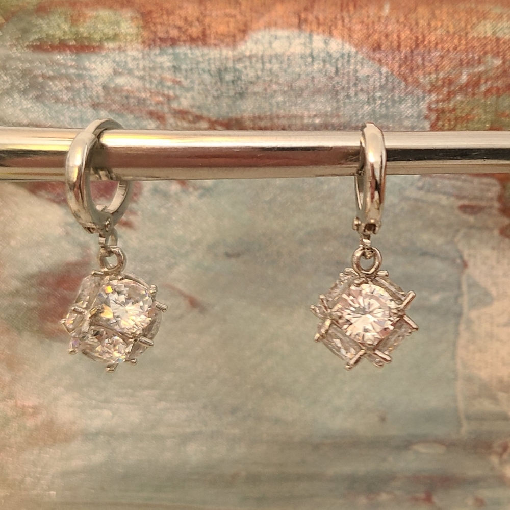Crystal Cube Drop Earrings with Circle Hoop Lever Back Clasps